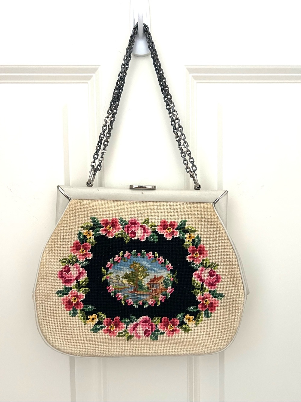 Vintage needlepoint tapestry and leather handbag